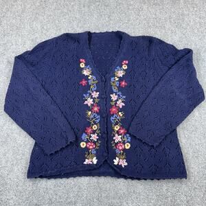 Navy Blue Knit Floral Cardigan Button Down Size Medium Boho Flowers